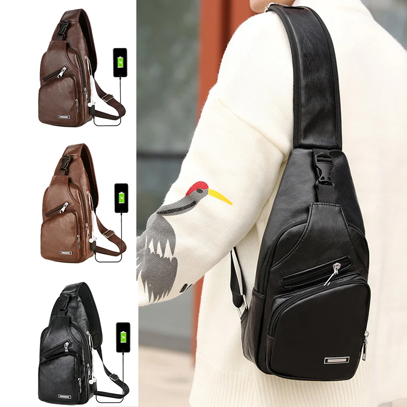 Bolso de pecho con carga Usb creativo para hombre, bolso de hombro de Pu Retro informal, bolso cruzado de viaje para deportes de conducción al aire