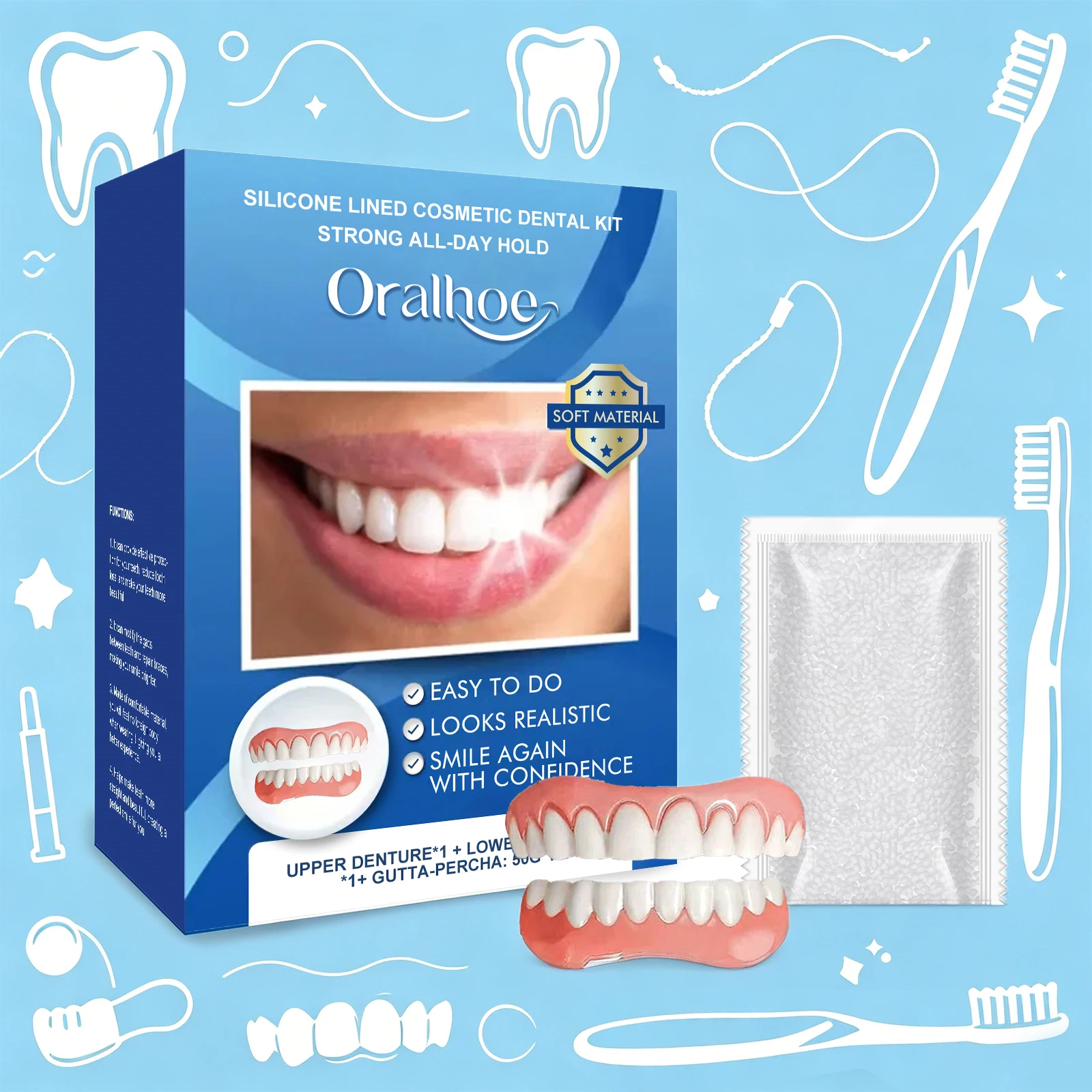 Kit dentaire cosmétique doublé de silicone, dents artificielles supérieures et inférieures, dents artificielles instantanées pour une confiance accrue, soins d'hygiène buccale, maintien tout au long de la journée