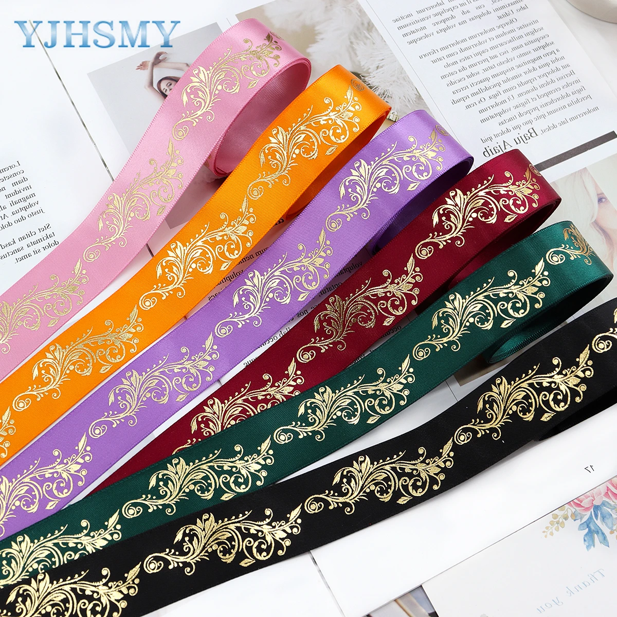 1 inch Gold Foil Satin Ribbon Printed Flower for DIY Craft Gift Wrapping Wedding Birthday Holiday Party Decoration 5 Yards