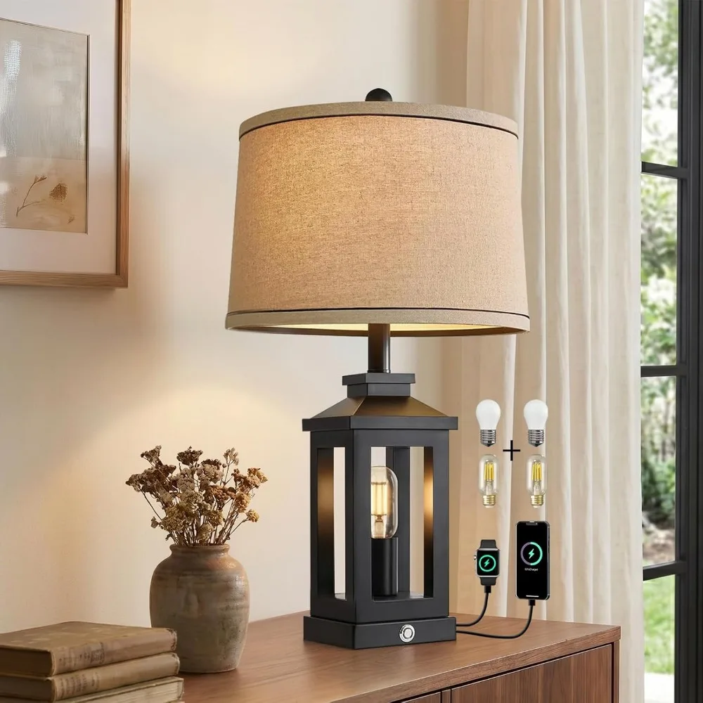 Retro 23.75" Farmhouse Black Table Lamp with Touch Control and Dual USB Ports for Living Room and Bedroom Nightstand