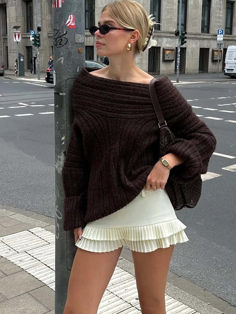 BKQU Fashion Off Shoulder Long Sleeve Knitted Pullover Women Elegant High Street Thick Warm Loose Sweater Knitwear Autumn Winter