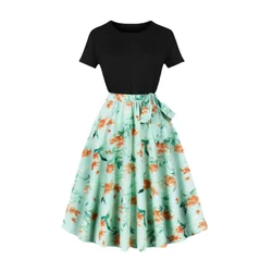 Summer new round neck waist cinching slimming temperament tea break French floral short sleeved dress