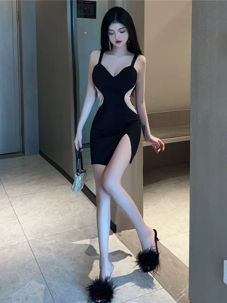 Foamlina Sexy Midnight Clubwear Women Summer Chic Perspective Mesh Patchwork Sleeveless Slim Slit Mini Bodycon Suspender Dress
