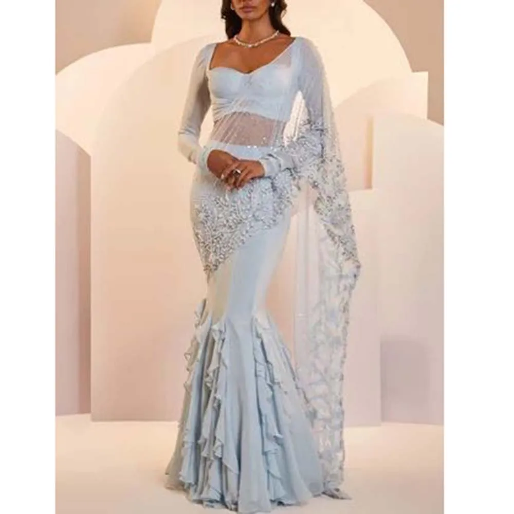 

Pretty Light Blue Women Prom Dresses Full Sleeves Square Collar Mermaid Slim Fit Floor Length Appliques Smart Evening Party Gown