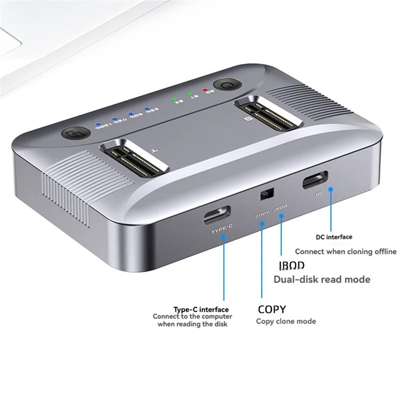TTKK-M. 2 Stacja dokująca Dual-Bay na dyski SSD RGB NVME NGFF, USB3.2 GEN2 Type-C z transferem danych 20 Gbps, obsługuje klonowanie offline.