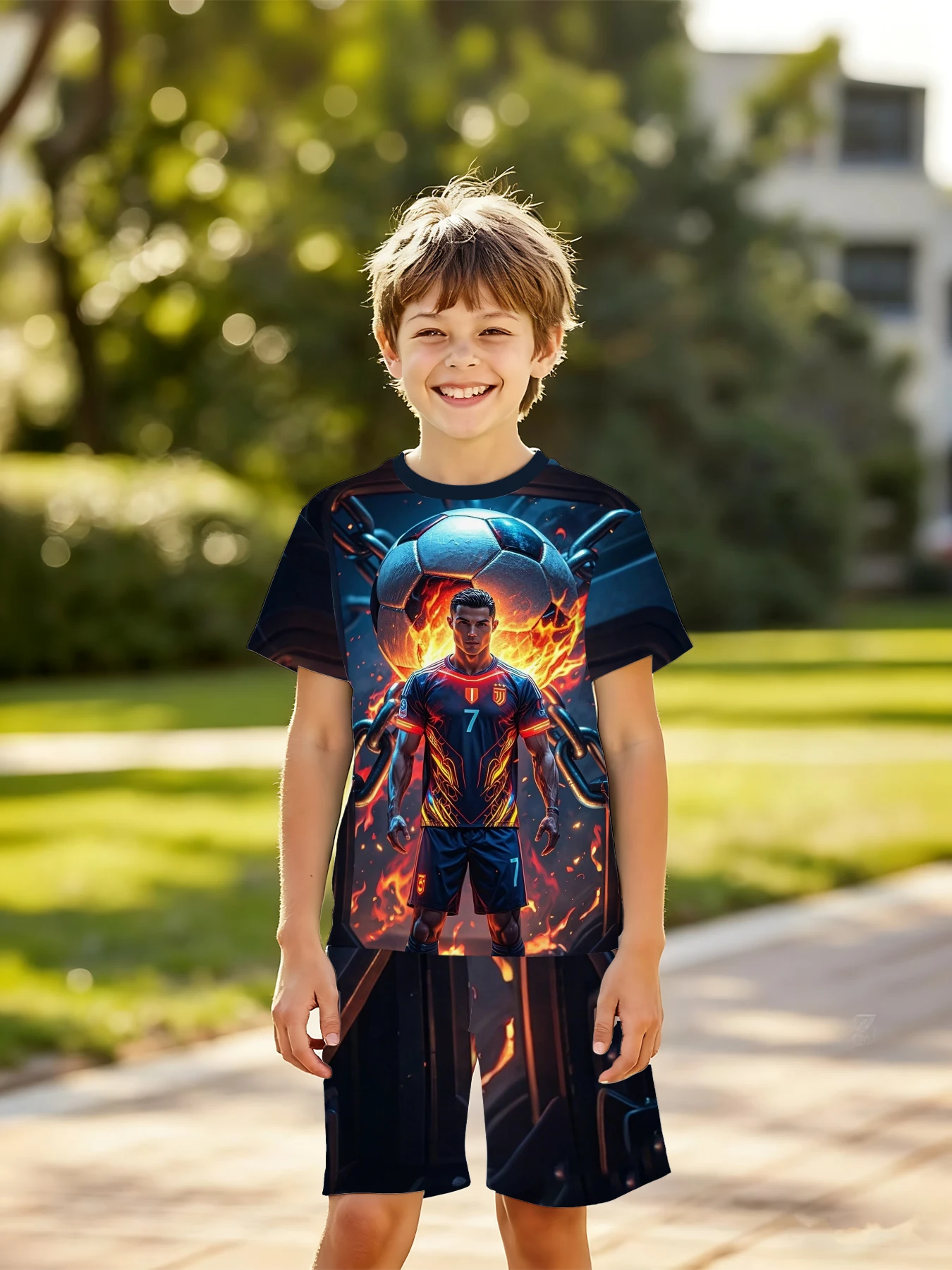 

Boys' 3D Short-Sleeve Set, Featuring Cool Soccer Star Cristiano Ronaldo Stadium Print, Ideal for Outdoor Activities and Birthday
