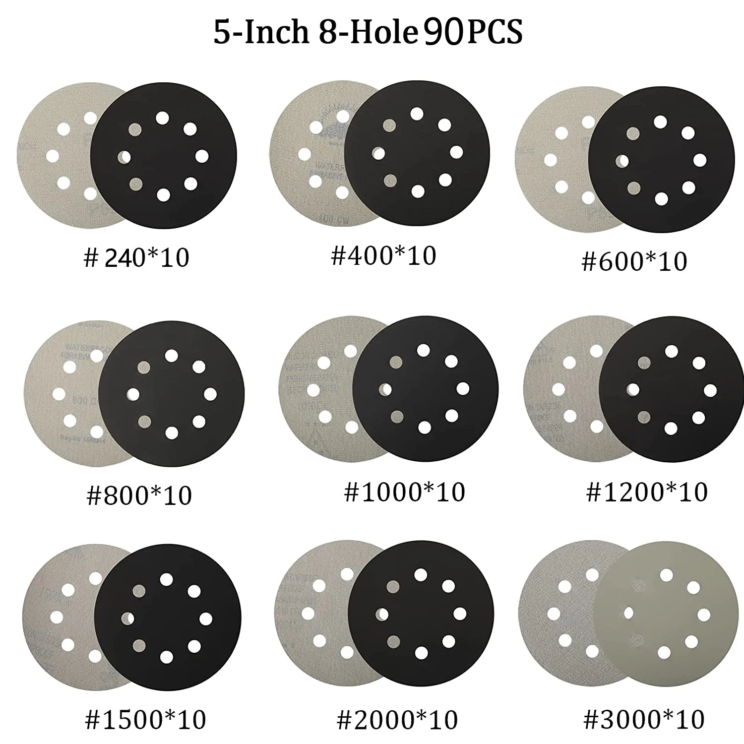 90 Pieces 5 Inch Sanding Discs Wet Dry Hook and Loop 240-3000 Grit 8 Holes Orbital Sander Paper 125mm Car Flocking Sandpaper
