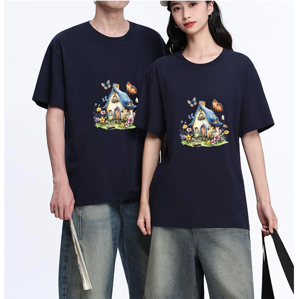 Fairy House Butterfly Flower Printed T Shirt Breathable Fabric S-XXL Personalized Custom Aesthetic Graphic Top Unisex Fit Casual