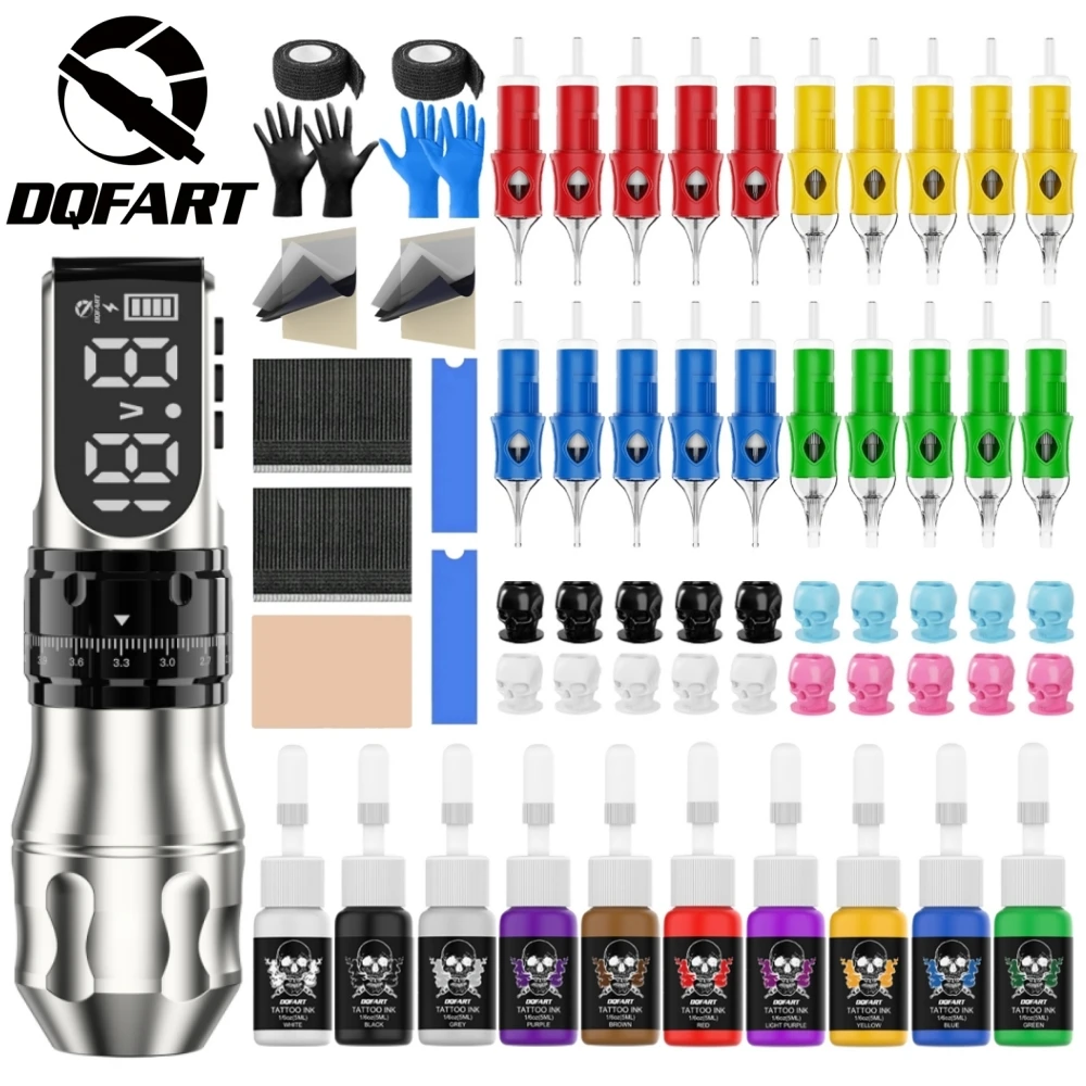 DQFART 1700mAh Led Digltal Display Electric Wireless Tattoo Machine T9 Set Body Art Creative Designs Needles Accessories