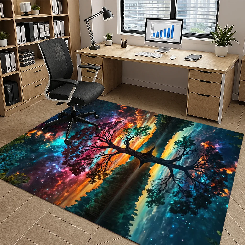 2D Flat Cosmic Tree Galaxy Reflection Flannel Office Chair Mat Non Slip Fantasy Carpet For Study Room Floor Decor