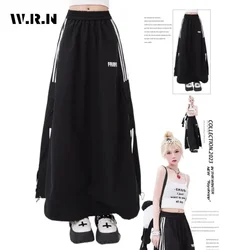 2025 Summer High Street Striped Print Black Mid Long Skirts Women's Casual High Waist Street Elastic Waist Grunge A-Line Skirt