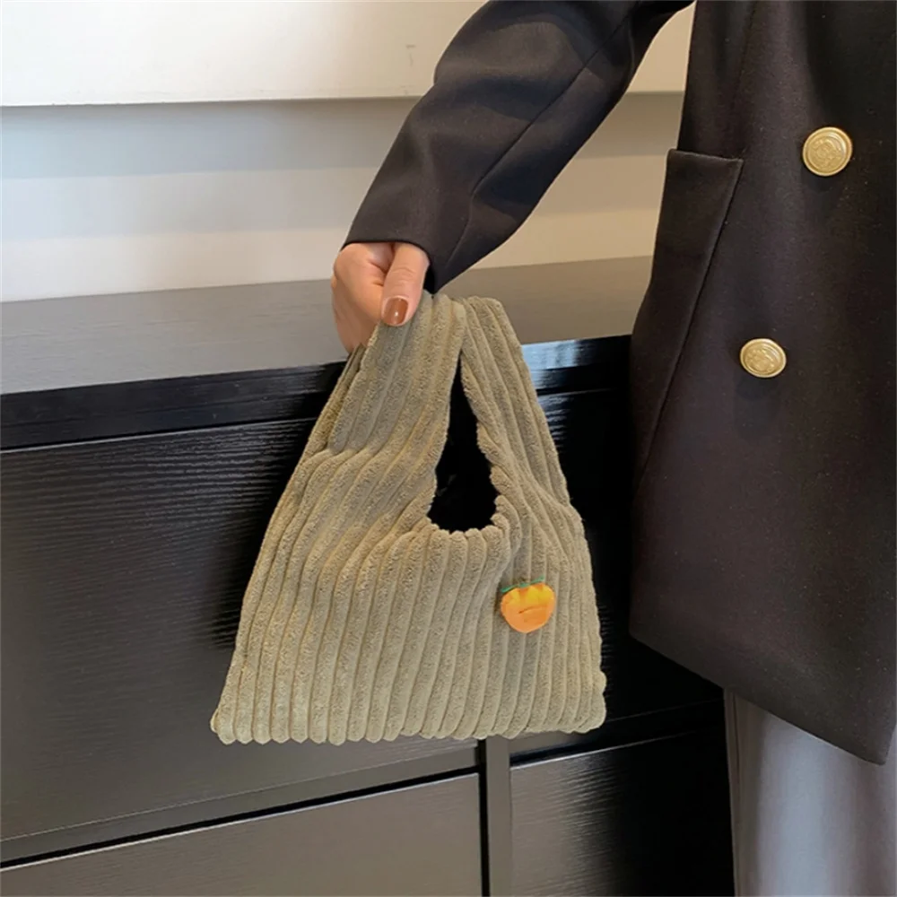 Sac à main rétro en velours côtelé pour femme, pochette décontractée, sac à documents solide, fourre-tout tendance simple, joli petit sac à rayures en peluche, nouveau