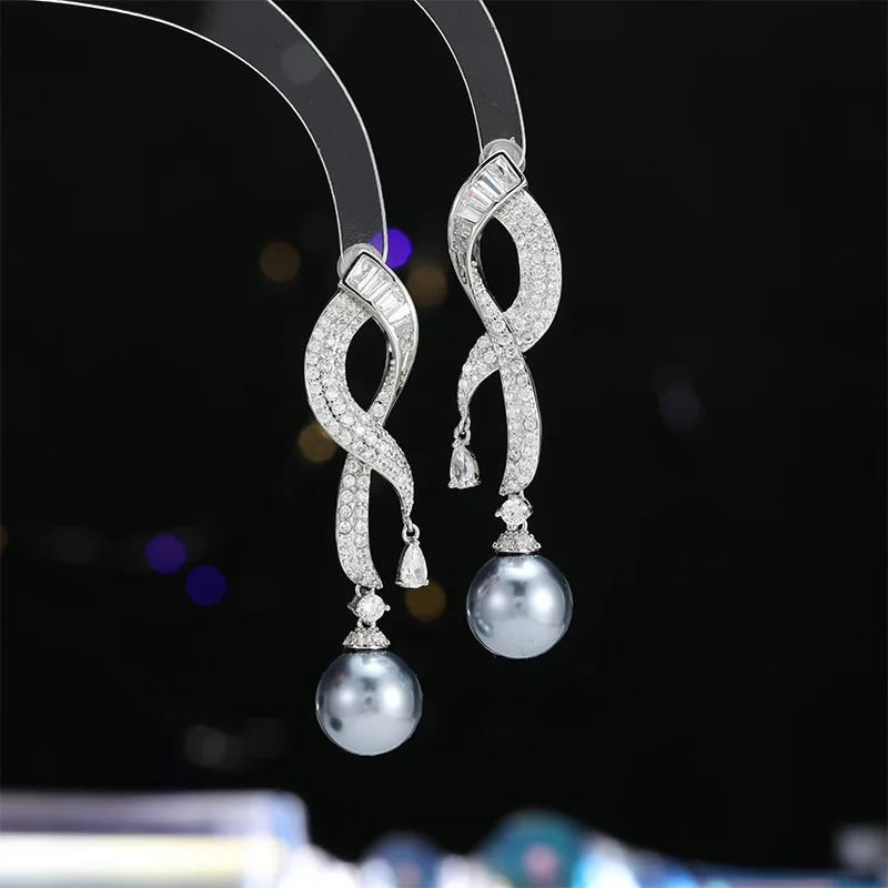 FXLRY Fashion Simple Temperament Long Geometric S925 Silver Needle Pearl Cubic Zirconia Earrings for Women