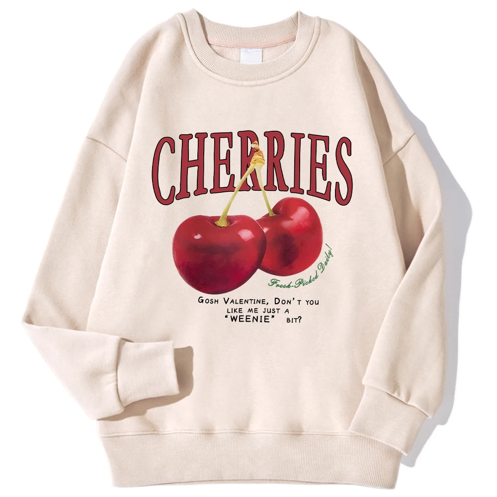 Autumn Winter Womens Sweatshirt Fresh Red Cherries Printing Pullover Loose Crewneck Warm Comfortable Hoodies Street Clothing