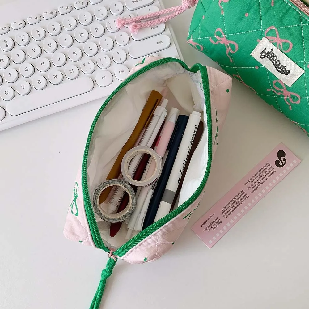 Bowknot Bow Stationery Bag Pink/Green Desktop Storage Korean Style Pencil Case Ins Style Large Capacity Bow Pencil Pouch Office