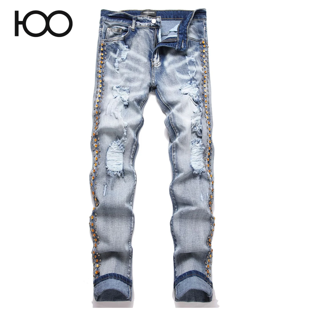 S3807   100 charareiharper  Men's jeans High street youth blue perforated diamond elastic slim fit men's jeans