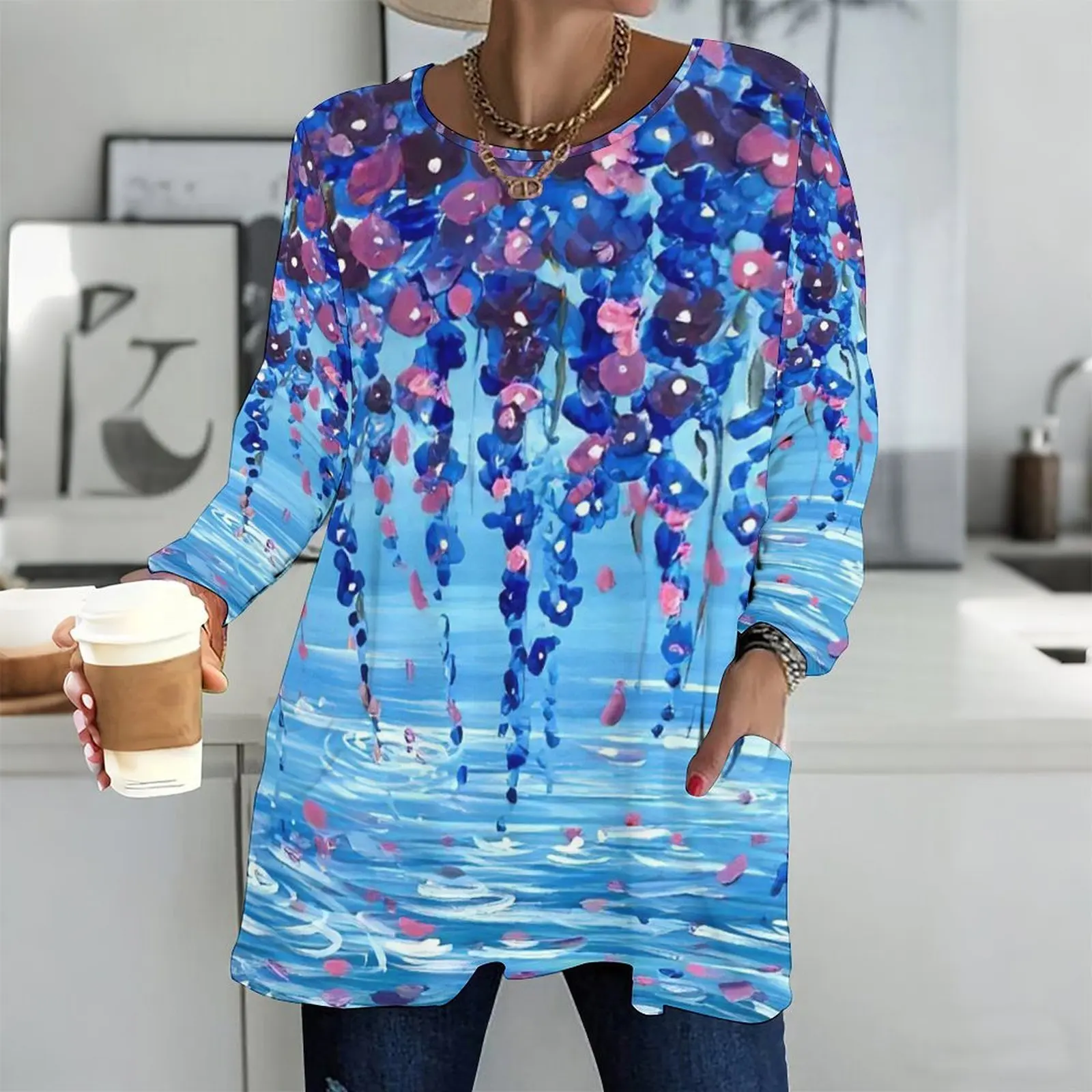 Printed Top for Women Round Neck Long Sleeve Front Pockets Loose Fit Longline