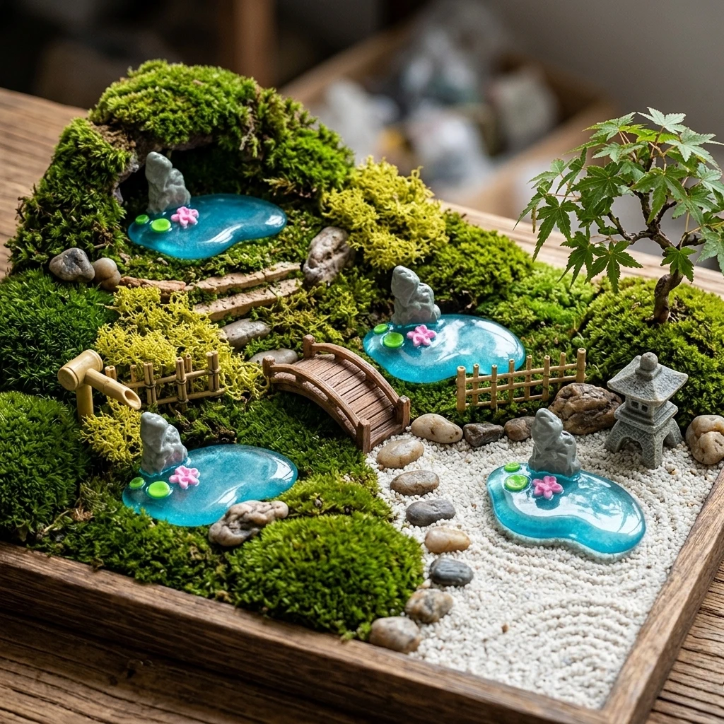 4-teiliges Miniatur-Teichset aus Kunstharz, Mini-Teich & Wassergarten-Zubehör für Minihaus, Feengarten, DIY Mini-Landschaft – Detail 5