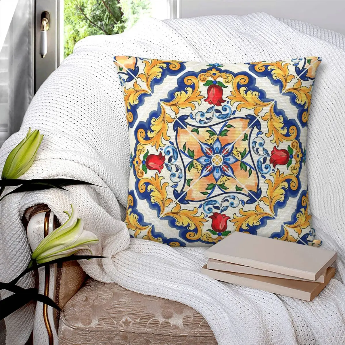 

Sicilian Majolica Colourful Floral Flourishes Tile Pattern Square Pillowcase Pillow Cover Cushion Throw Pillow for Home Sofa