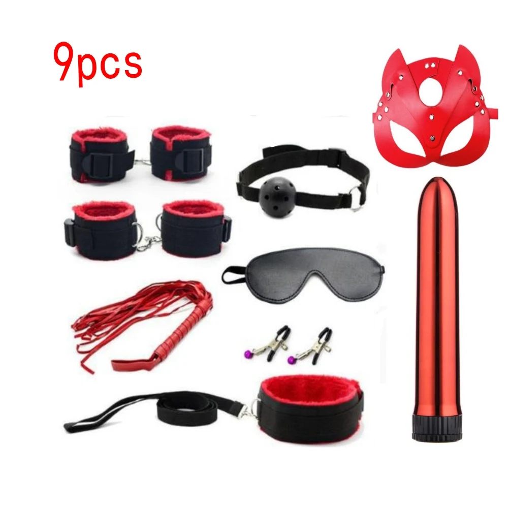 Sexy Leather BDSM Kits Plush Sex Bondage Set Handcuffs Sex Games Whip Gag Nipple Clamps Sex Toys For Couples Exotic Accessories