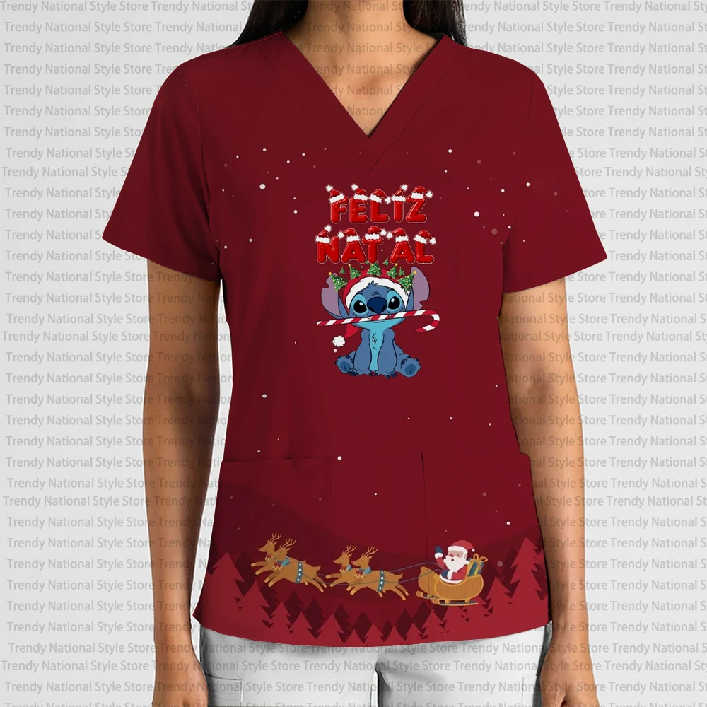 ديزني عيد الميلاد غرزة مطبوعة ثوب جراحي موحدة ممرضة صالون تجميل الرعاية الطبية ثوب جراحي المرأة تي شيرت