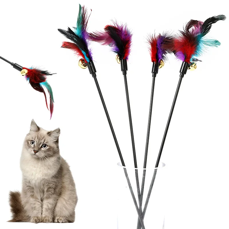 Funny Kitten Cat Teaser Interactive Toy Rod with Bell and Feather Toys for Cats Teaser Interactive Toy Rod Pet Cats Toys Stick