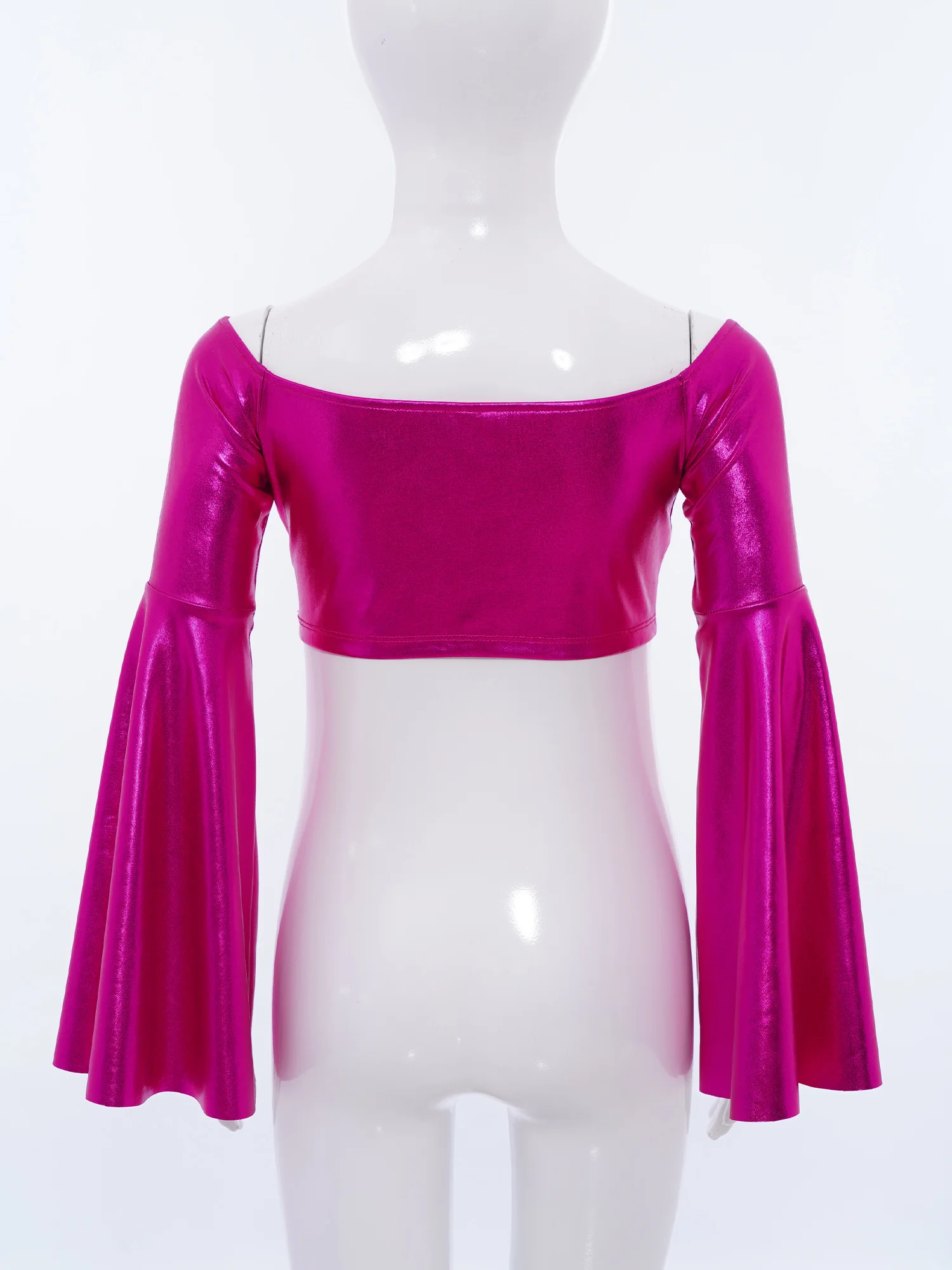 الفتيات الجاز الهيب هوب الرقص المحاصيل الأعلى متوهج كم خارج الكتف لامع تي شيرت للمدرسة التشجيع أداء التصوير الفوتوغرافي #4