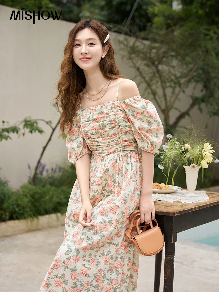 

MISHOW Floral Dress 2023 Summer French 100 Cotton A-LINE Puff Sleeve Slash Neck Square Neck Folds Waist Long Dresses MXC33L1397