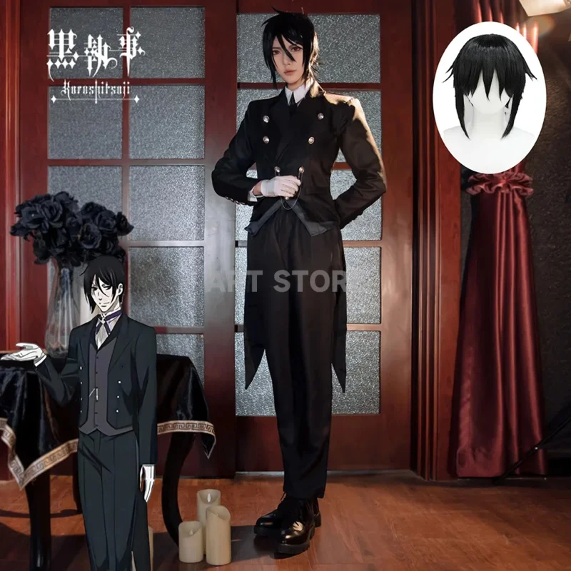 Anime Kuroshitsuji Sebastian Michaelis Cosplay Black Butler Cosplay Japanese Costume Unisex Uniforms 8 piece with Tattoo Sticker