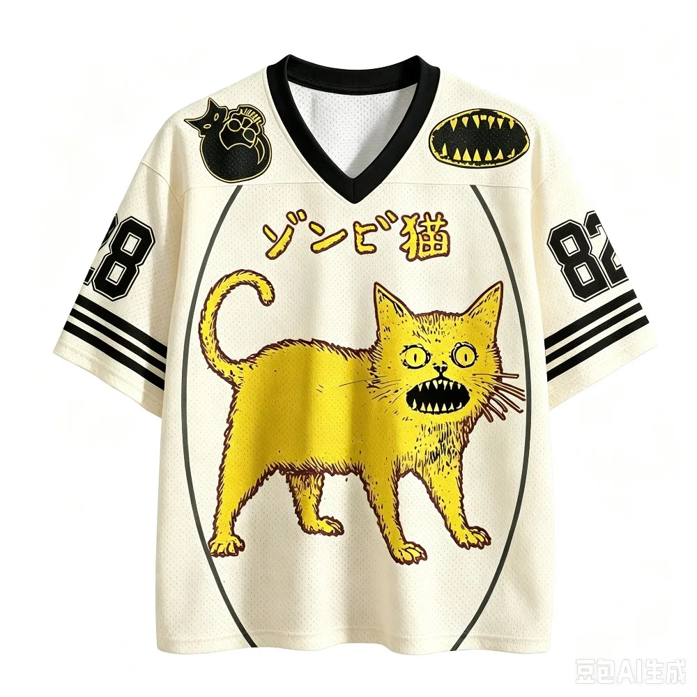 Ueno-Stil Waldkatze 3D-Druck Herren Damen Feuchtigkeitsableitendes Loses V-Ausschnitt T-Shirt Seltsame Illustration Amerikanischer Retro Kurzarm – Detail 7