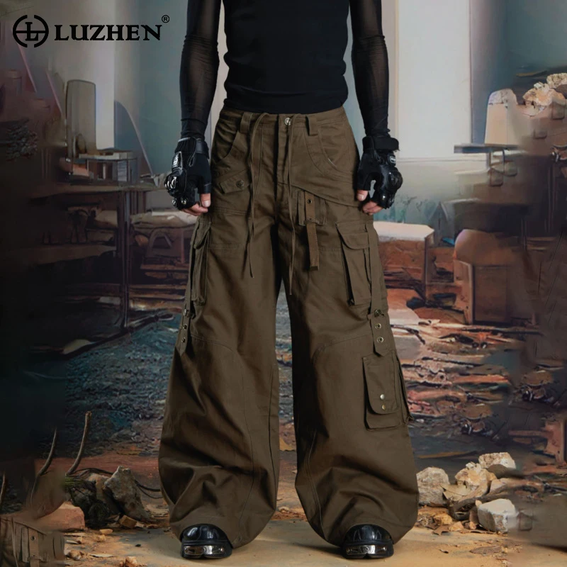

LUZHEN 2025 New Solid Color Ribbon Decorate Multi Pockets Design Straight Cargo Trousers Men's Fashion Loose Casual Pants JY4982