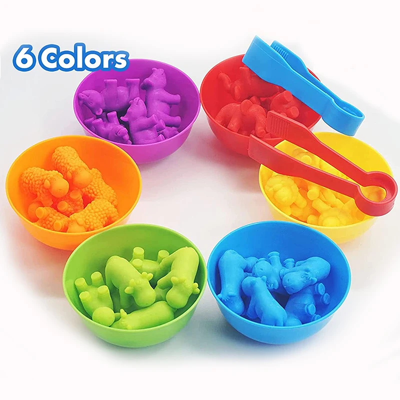 6 Plastic Bowls with 2 Tweezers Rainbow Color Sorting Montessori Fine Motor Skill Learning Activities Toys Gift for Toddlers Kid