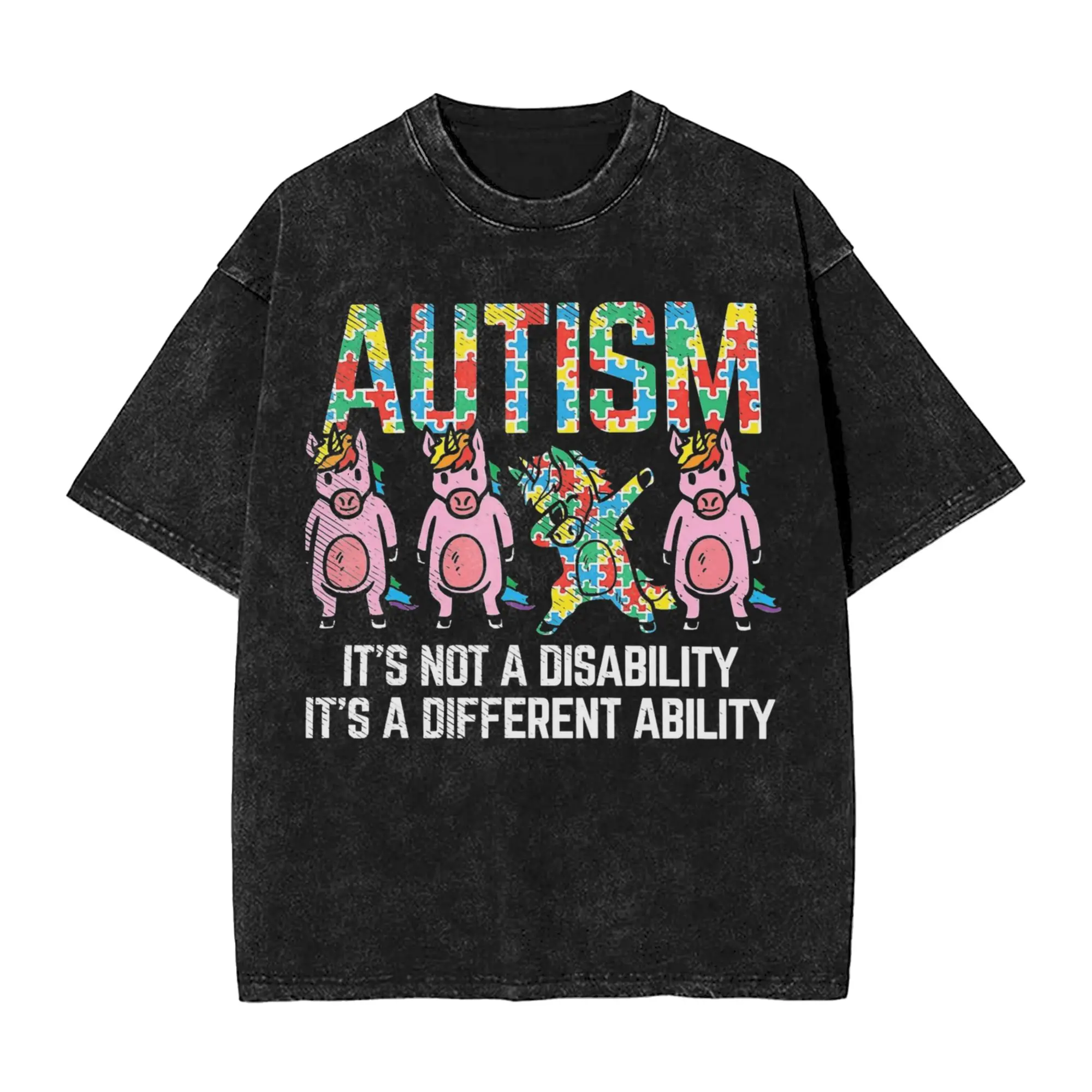Different Ability Not Disability Unicorn Dab Autism Washed T Shirts Streetwear Hip Hop T-Shirts Tees for Men Women Cotton Street
