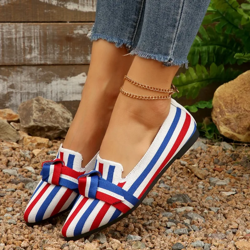 New Women Flats Knitted Slip Breathable Comfortable Shoes Fashionable Versatile Pointed Toe Walking Loafers Sneakers Women