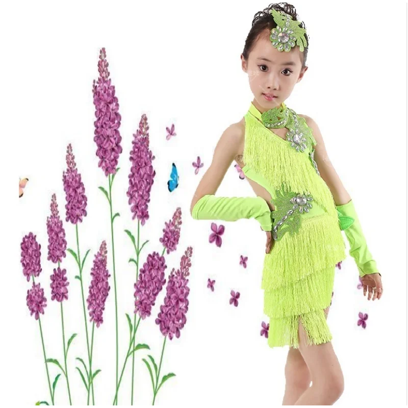 child kid children professional latin dance dress for girls ballroom dancing dresses for kids red sequin fringe salsa JustSaiyan