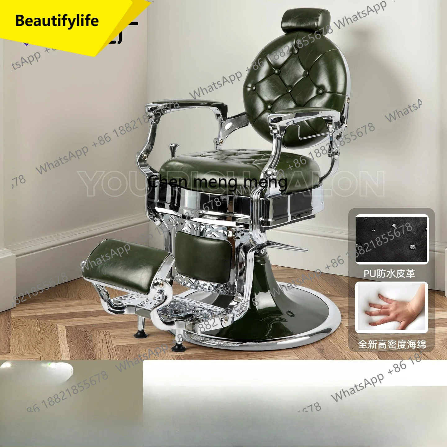 01A Light luxury haircut oil head chair retro green barber shop chair reclining shaving chair