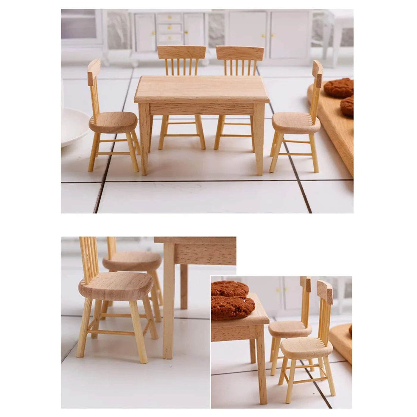 1/12 Wooden Dollhouse Furniture of Table & Chair Set, Miniature Dollhouse Accessories of Dining Room Accessory