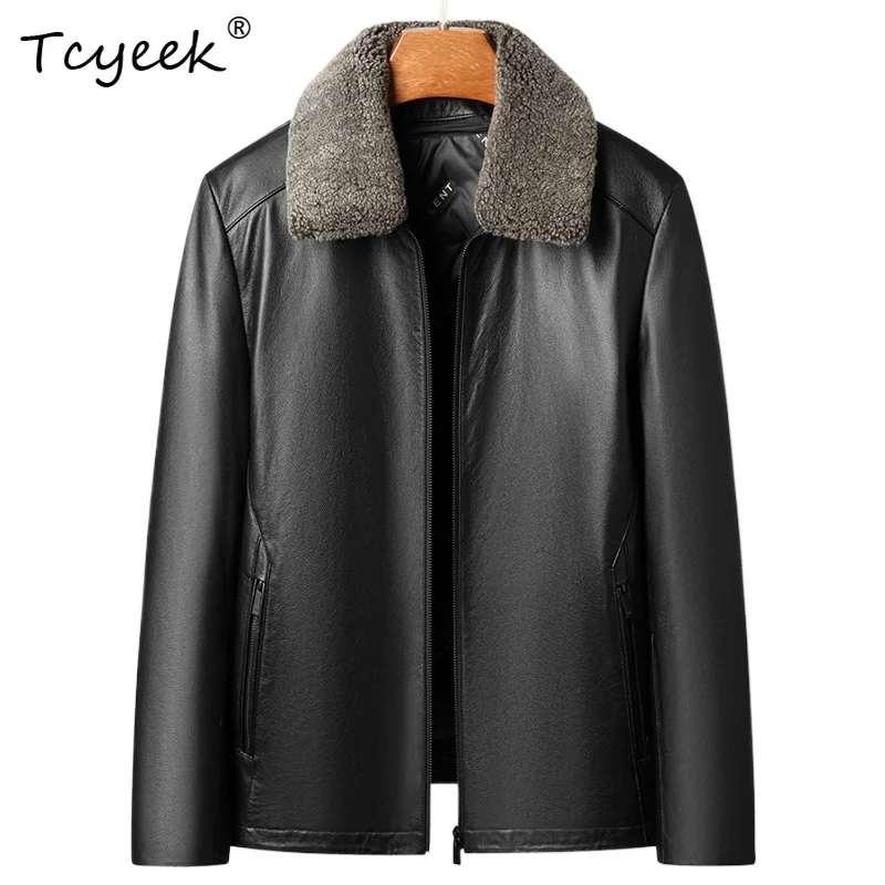 

Tcyeek верхний слой из коровьей кожи, съемный белый утиный пух, внутренняя подкладка, осенне-зимний черный мужской пуховик с лацканами из натуральной кожи