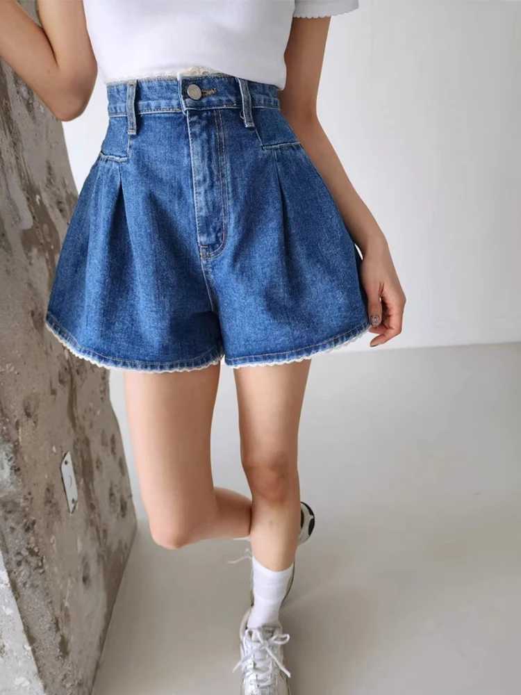 여름 시크 하이웨이스트 와이드 레그 진 반바지 여성용 프레이드 레이스 트림 스플라이싱 플리츠 빈티지룩 데님 반바지