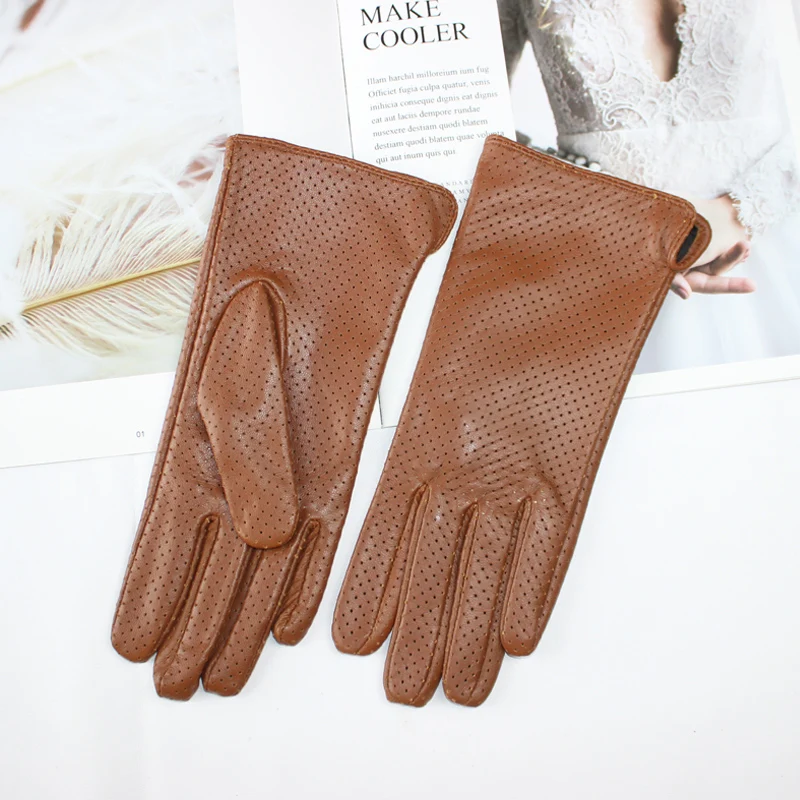 New Women\'s Sheepskin Gloves Fashion Full Mesh Design Cool Breathable Silk Lining Leather Driving Gloves