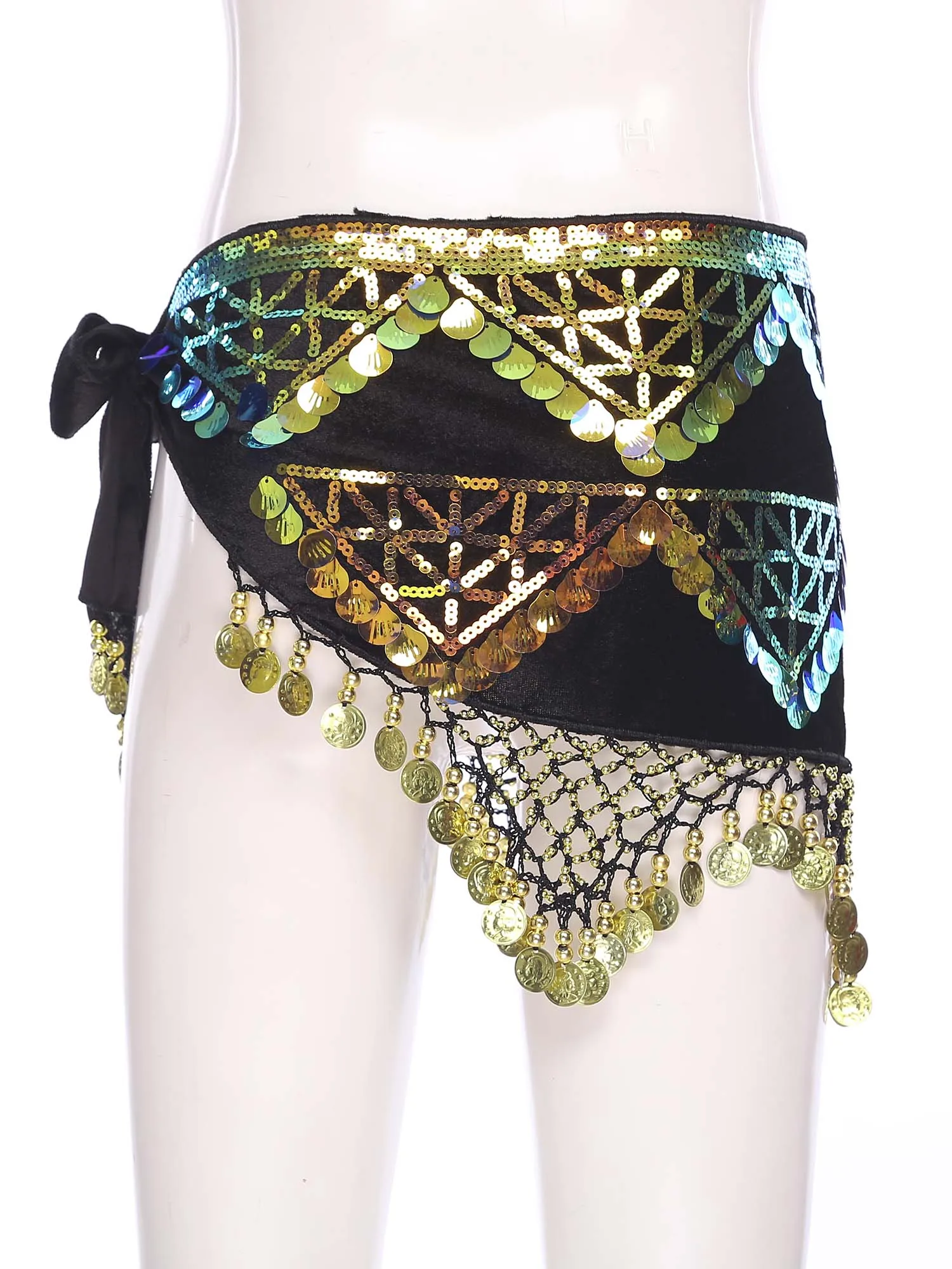 Womens Belly Dance Skirt Shiny Sequin Tassel Hip Scarf with Fringe Wrap Belly Dancewear for Modern Folk Dance Party Activities