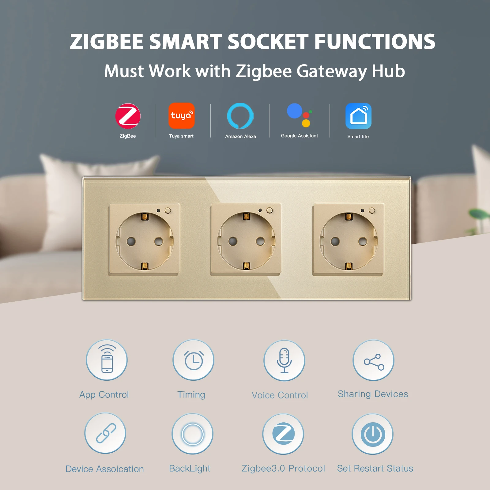 Bseed Triple Zigbee Wifi Socket Eu 16A Stopcontacten Glas Panel Tuya Smart Leven App Controle Blauwe Achtergrondverlichting Met Timing functie