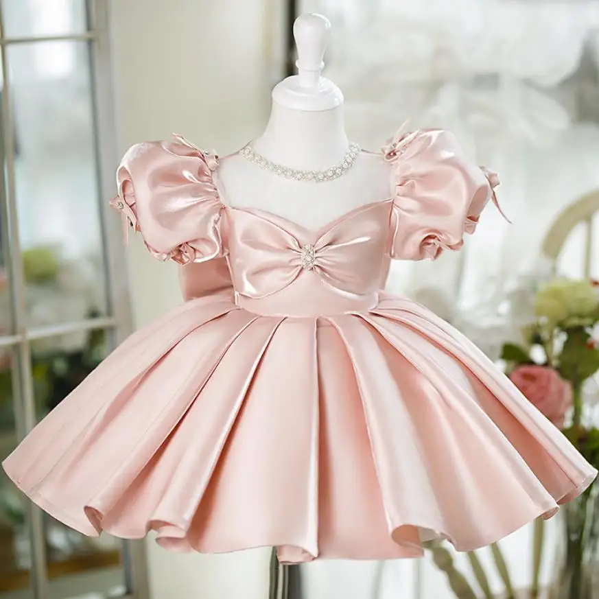 High-End Children's Baptism Princess Evening Gown Bow Beading Design Wedding Birthday Party Girls Dresses For Eid  A2401