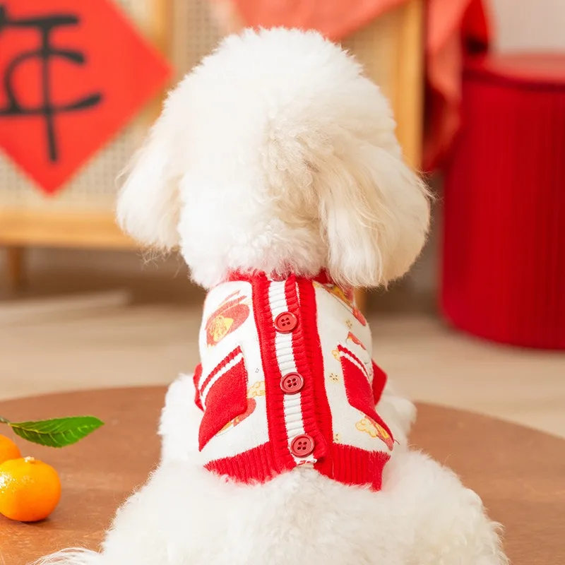 Red New Year Dog Sweater Winter New Puppy Cardigan Autumn and Winter Pet Warm Clothes Schnauzer Two Legs Clothing