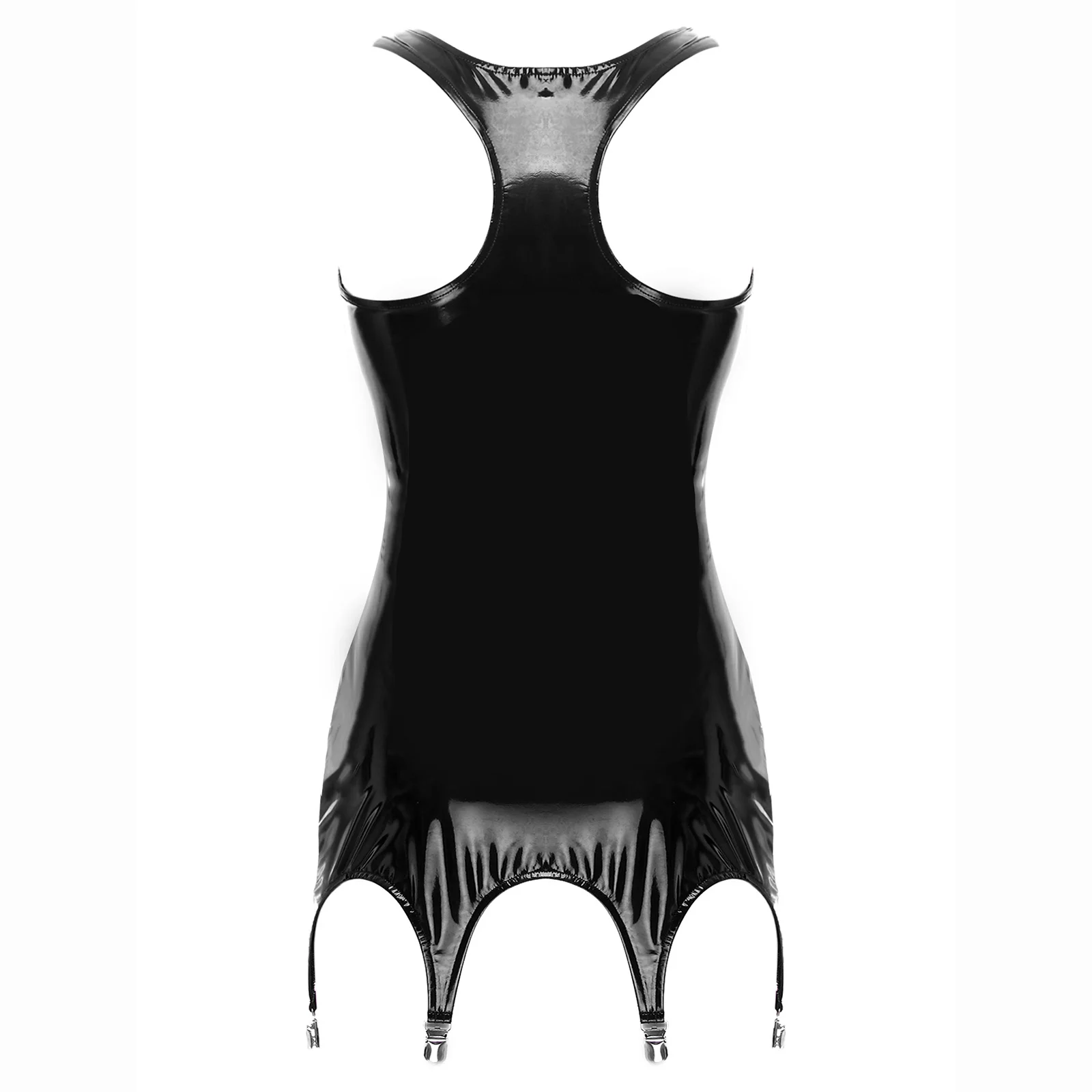 Sexy Damen offene Tasse Lack leder Mini kleider mit Strumpf clips ärmellosen Reiß verschluss aushöhlen Kleid Wet Look Party Clubwear