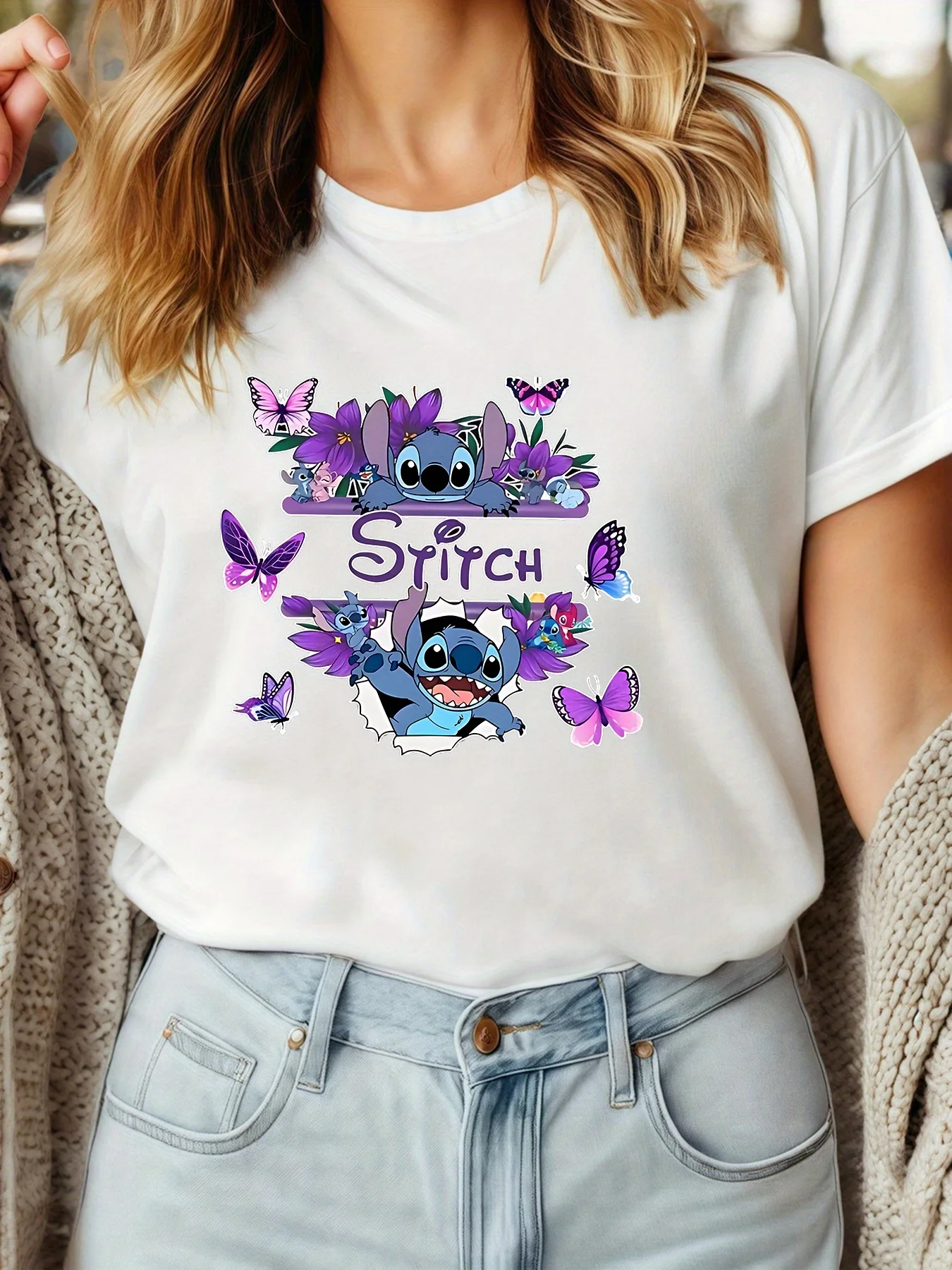 غرزة الجرافيك طباعة المرأة تي شيرت قصير الأكمام القطن تيز الكرتون ديزني غرزة Y2k بلايز المرأة تي شيرت ماركة ملابس الصيف