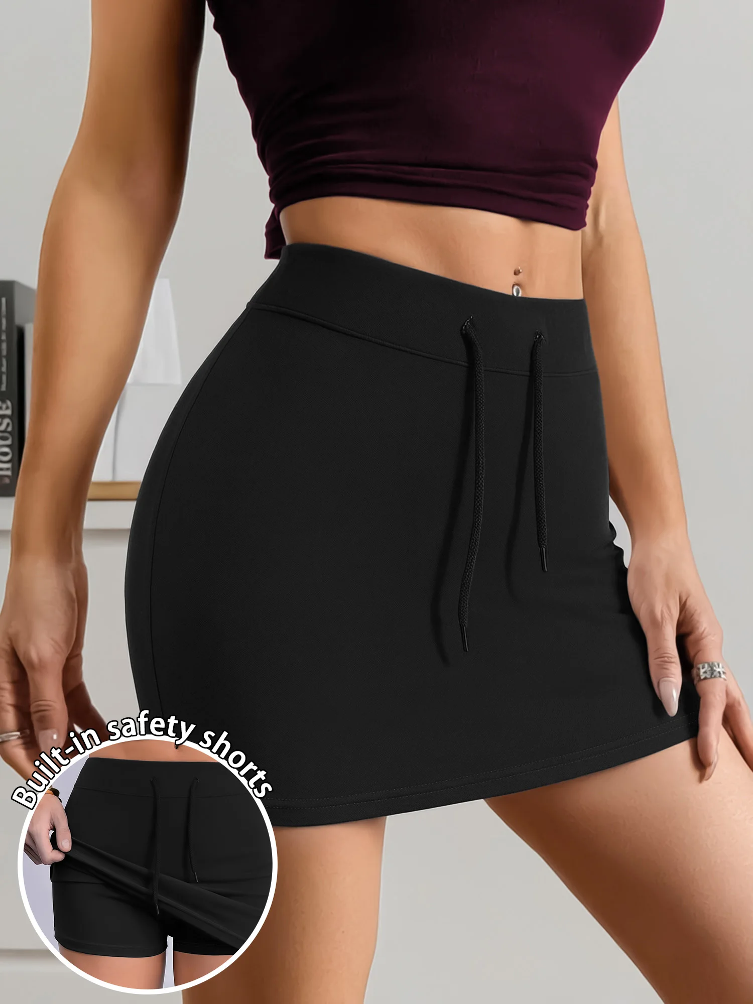 Minimalist Black Mini Skort Women High Rise Drawstring Skirt With Safety Shorts Daily Bottoms