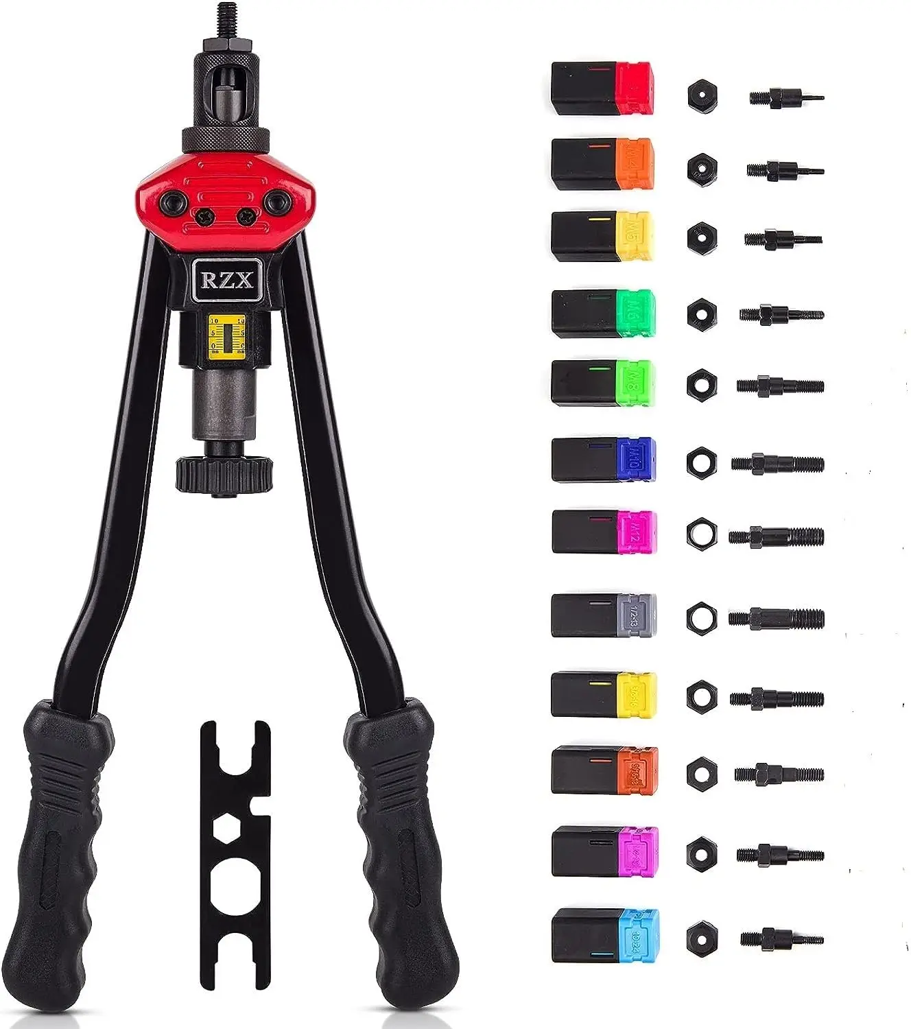 

16-дюймовый ручной инструмент для установки заклепочных гаек с 12 насадками для резьбы M3-M12, 10-24 и 1/2-13