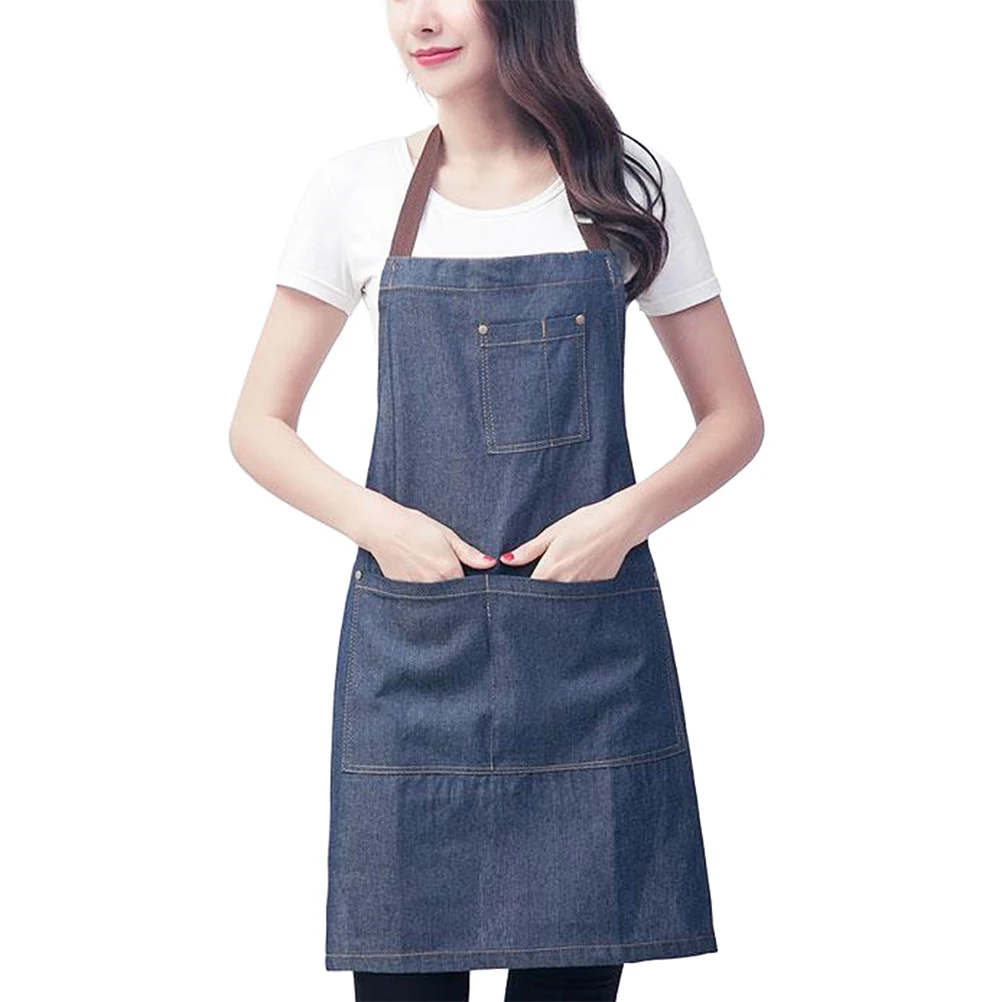 

Jean Apron Heavy Duty Salon Pockets Hanging Multifunction Restaurant Work Cooking Bib Protective Adjustable Cotton Utility