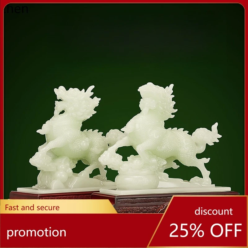 CZ Jade Kirin Figurines - A Pair of Kirin for Home Entryway Decoration, Housewarming Gift